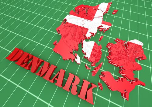  3d map illustration of Denmark with flag and coat of arms