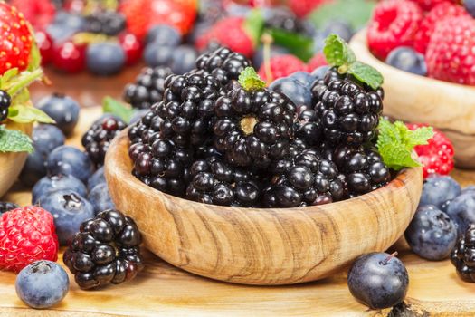 Blackberries in bowl . Fresh seasonal berries. Harvest Concept. Gardening. Diet
