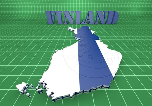 3D map illustratin of Finland with flag and coat of arms