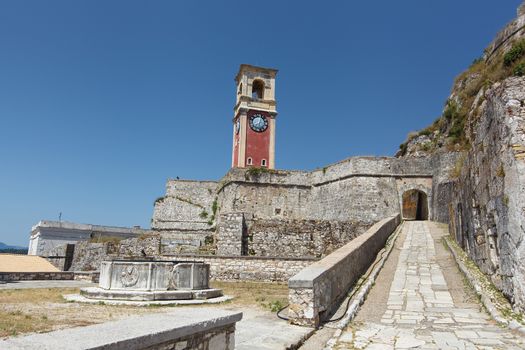 Clock tower in the old fortress in Kerkyra, Corfu, Greece