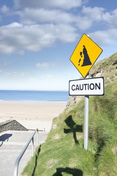 caution loose rocks or landslide sign in Ballybunion beach county Kerry Irelands wild atlantic way