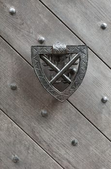 Close up view of a castle door knocker.