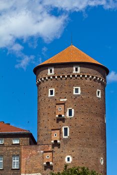 view on wawel  royal castle with sandomierska tower in cracow in poland