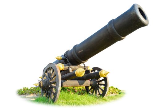 Cannon on wheels moving in grass. Thailand's ancient weapons on white background