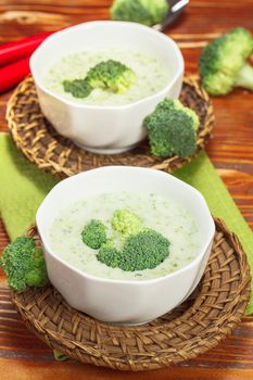 Broccoli green fresh soup. Macro, selective focus