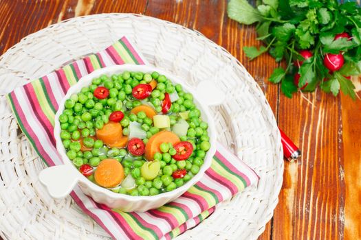 Green peas dish. Vegetarian dinner. Diet concept