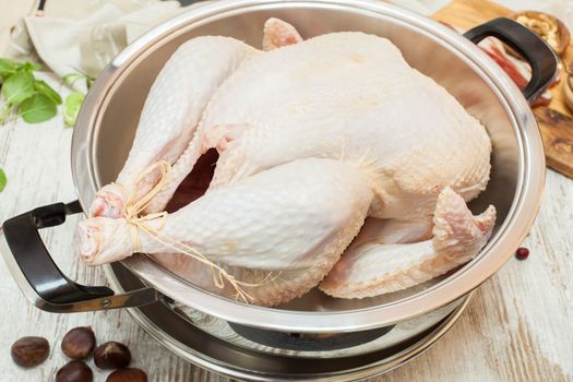 Fresh raw turkey in a roasting pan ready for the oven.