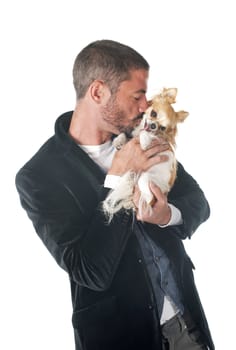 man and chihuahua in front of white background