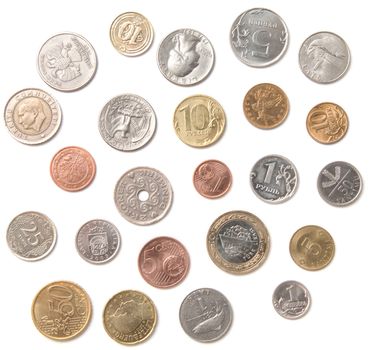 Various coins from different countries isolated over white