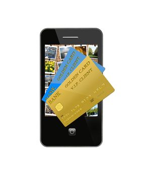 modern mobile phone with different credit cards
