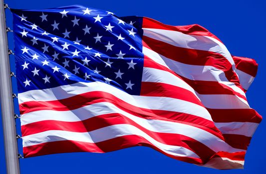 Flag of the USA against a blue sky