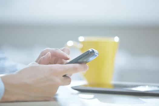 Hands of smartphone user at lunch
