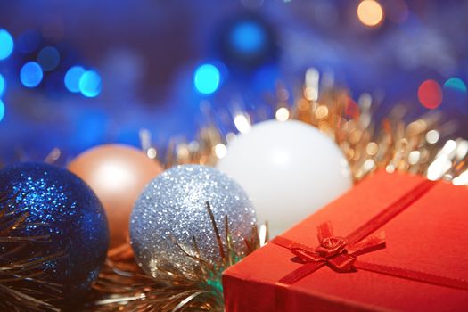 Close-up view on the Christmas decoration and gift box. Horizontal photo