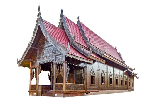 Chapel of Thai temple handmade from palm wood isolated white