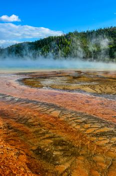 Detail view of Grand prismatic colorful hot spring, Yellowstone NP, Wyoming, USA