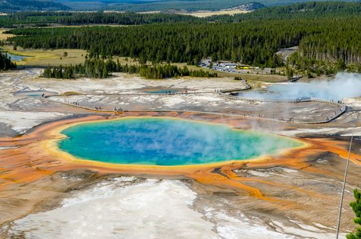 Landscape view of Grand Prismatic spring in Yellowstone NP, Wyoming, USA