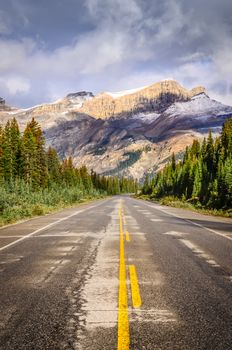 Landscape view of the road on Icefields parkway in Canadian Rockies, Banff and Jasper NP