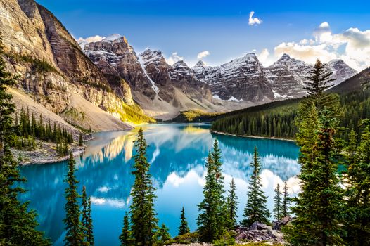 Landscape sunset view of Morain lake and mountain range, Alberta, Canada