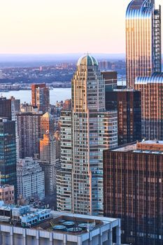 Cityscape view of Manhattan, New York City, USA at sunset