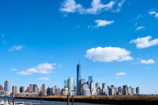 New York City Manhattan skyline with One World Trade Center Tower (AKA Freedom Tower) over Hudson River viewed from New Jersey