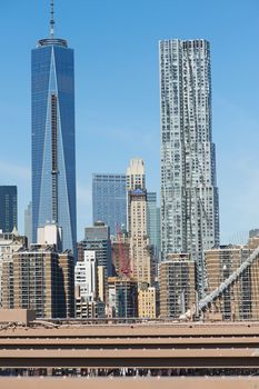 Brooklyn Bridge with lower Manhattan skyline in New York City