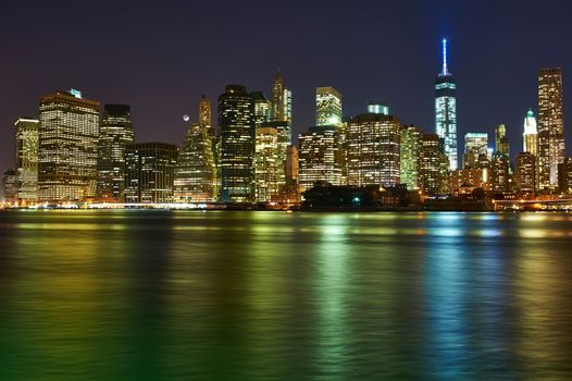 Lower Manhattan skyline view at night from Brooklyn in New York City