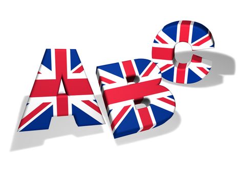 English language school and education concept with the letters Abc and the colors of The United Kingdom flag on white background.