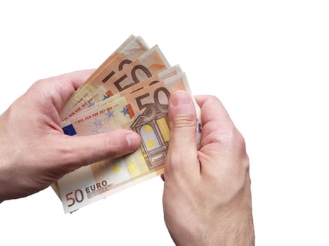 Business earning, shopping and financial concept. Closeup view of two hands with euro bank notes isolated on white background.