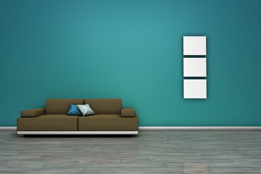 Frontal view of a living room with modern sofa, wooden floor and blank frames with empty space on wall.