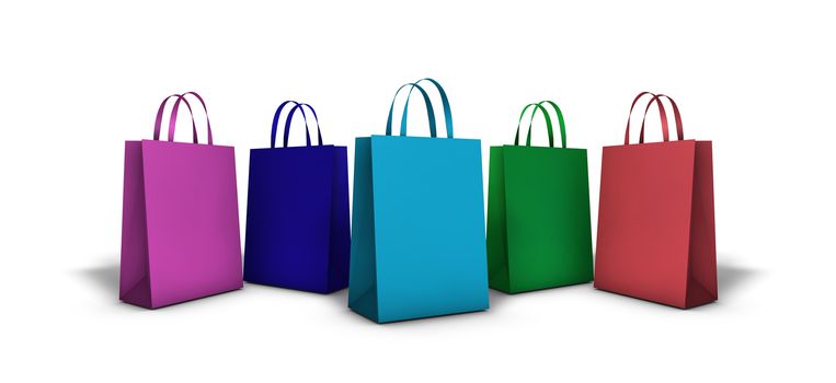 Five colorful shopping bags with blank frontal space for your copy and text on white background.