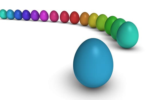 Easter eggs in a row with the rainbow colors on white background.