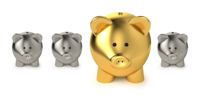 Financial, savings and investment business concept with a big golden piggy bank or money box between three smaller on white background.