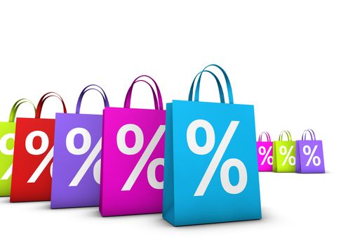 Discount, sale and shops offers concept with a lot of colorful shopping bags with frontal percent symbol isolated on white background.