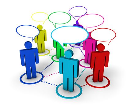 Internet community, social network, forum and online group concept with connection of 3d colorful people by dotted lines with speech clouds on white background.