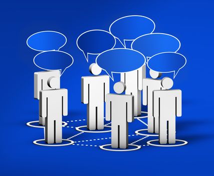 Internet community, social network, forum and online group concept with connection of 3d people by dotted lines with speech clouds on blue background.