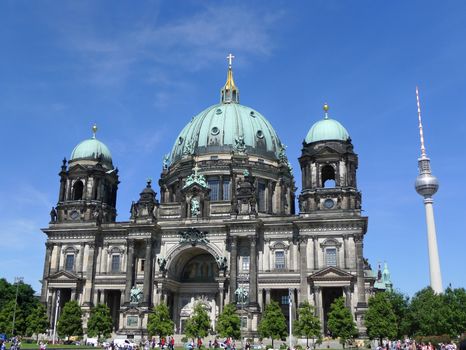 Frontal facade of Berlin Cathedral, the Berliner Dom church during a beautiful sunny day with blue sky in summer, Germany, Europe.