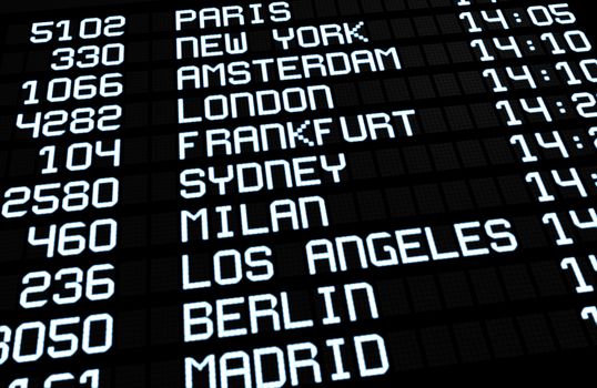 Departures display at airport terminal showing on board international destinations flights to some of the world's most popular cities. Business or leisure travel concept, 3d rendering.