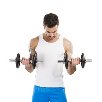 Portrait of a muscular man lifting weights, isolated over a white background