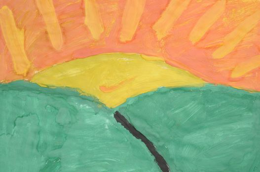 Kids drawing sun and hills - fine art