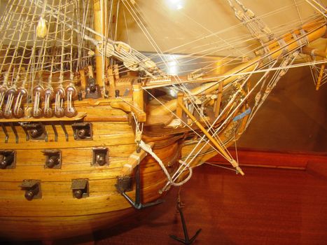 a wooden model of an old sailing warship