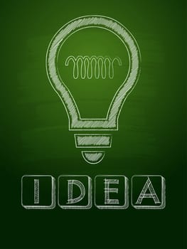idea and light bulb sign - white chalk text with symbol over green blackboard, business creative concept