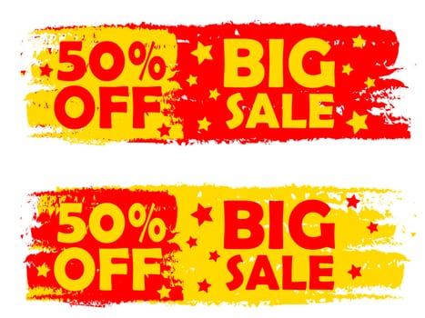 50 percentages big sale - text in yellow and red drawn labels with stars, business shopping concept