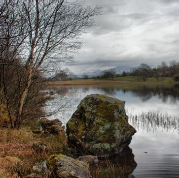 heavy clouds over a still lake in snowdonia