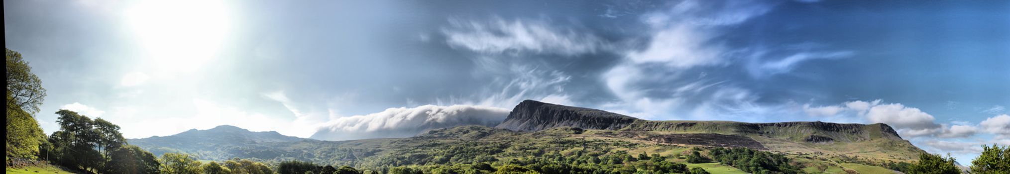 Stunning welsh mountains under a cloudy blue sky