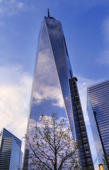 New World Trade Center Glass Building Skyscraper Blue Clouds Reflection New York City NY 