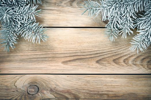 Christmas spruce tree covered with snow for holiday background. Copy space. Top view