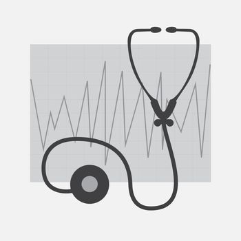 Grayscale ECG and Stethoscope  isolated in white