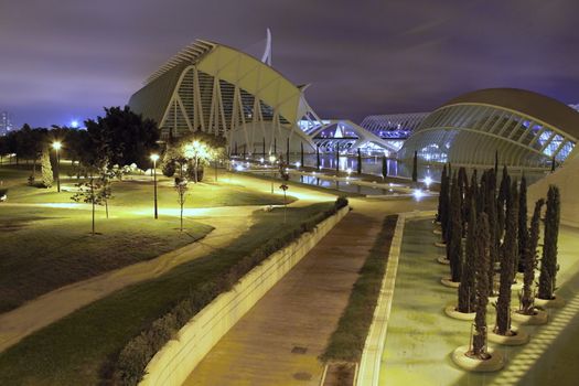 Photo shows Valencia city at night and its various surroundings.