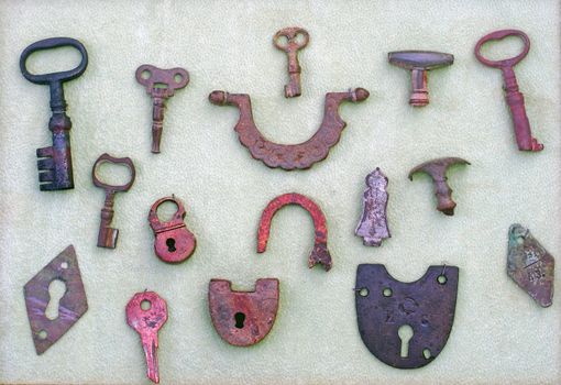 A collection of very old keys and locks