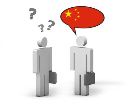 Business Chinese Mandarin concept with a funny conversation between two 3d people on white background. The man with the flag of China on the speech cloud speaks a correct language, the other one no.